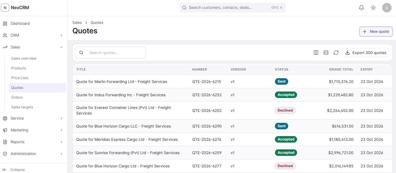 Quotes table listing quote number, version, sent, accepted or declined status, grand total and expiry date.