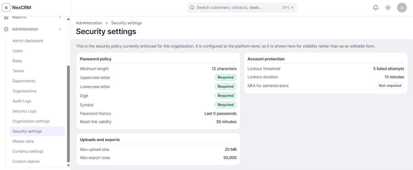 Security settings showing the enforced password policy, account lockout threshold and duration, administrator MFA state, and maximum upload size and export row limits.