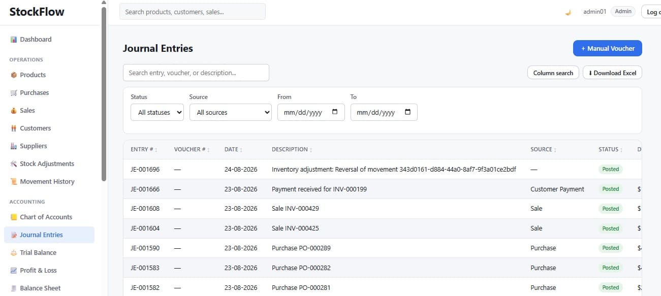 Journal entries automatically generated by sales, purchases, customer payments and inventory adjustments, each with its source.