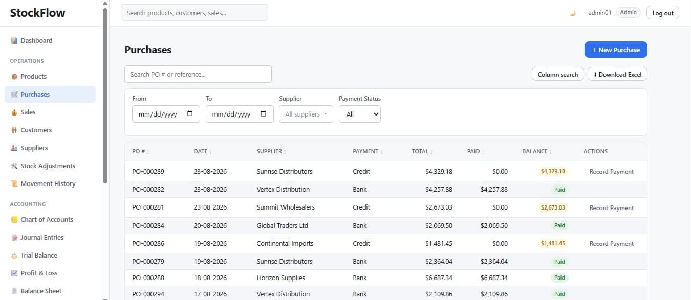 Purchases table: date, supplier, payment method, total, amount paid and outstanding balance per order.